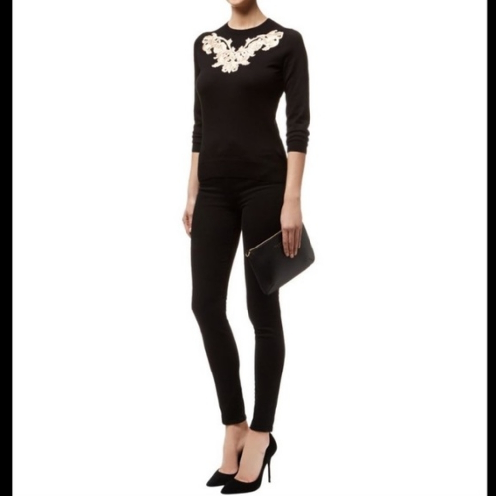 Ted Baker Slinda Metallic Gold Floral Holiday Embroidery Cashmere black Sweater